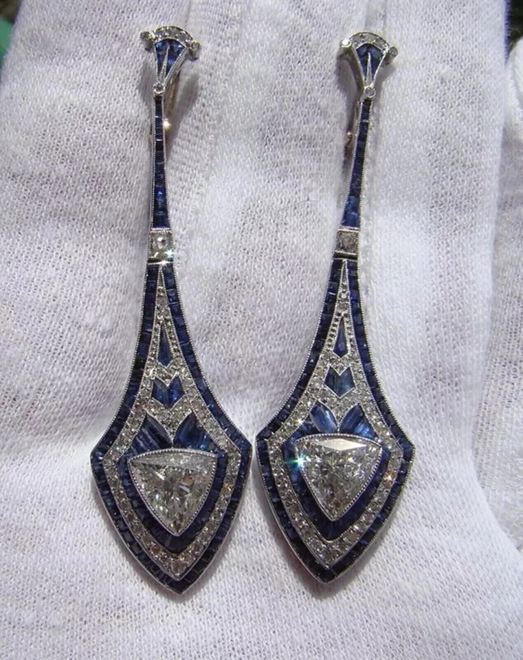 Art Deco Style 8Ct Lab Created Diamond & Sapphire 14K White Gold Finish Earrings - Image 1 of 4
