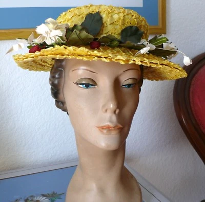 1940-1950`s Happy Sweet Yellow  Straw Hat Neiman Marcus w Strawberries & flowers - Image 1 of 4