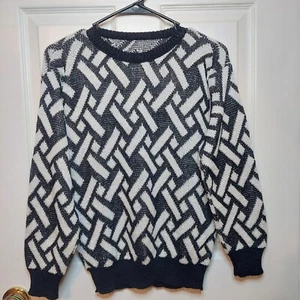 Geometric Black White Knit 80s Style Crewneck Pullover Sweater Retro Size M - Picture 1 of 9