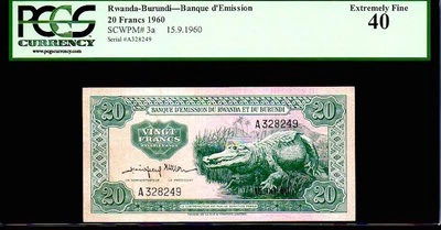 RWANDA BURUNDI P3a PCGS 40 “CROCODILE” 20 FRANCS 1960- HIGHLY SOUGHT AFTER! - Image 1 of 4