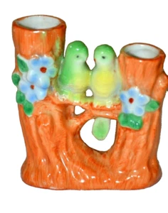 Love Birds Tree Mini Bud Vase Parakeet Double Two openings  Vintage Japan 4" MCM - Picture 1 of 9