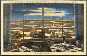 WASHINGTON DC-NIGHT VIEW TERRACE DINING ROOM WASHINGTON NATL AIRPORT-LINEN CARD - Picture 1 of 2