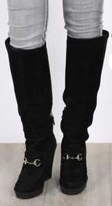 GUCCI Black Suede Wedge Horsebit Detail High Boots 38 - Picture 1 of 9