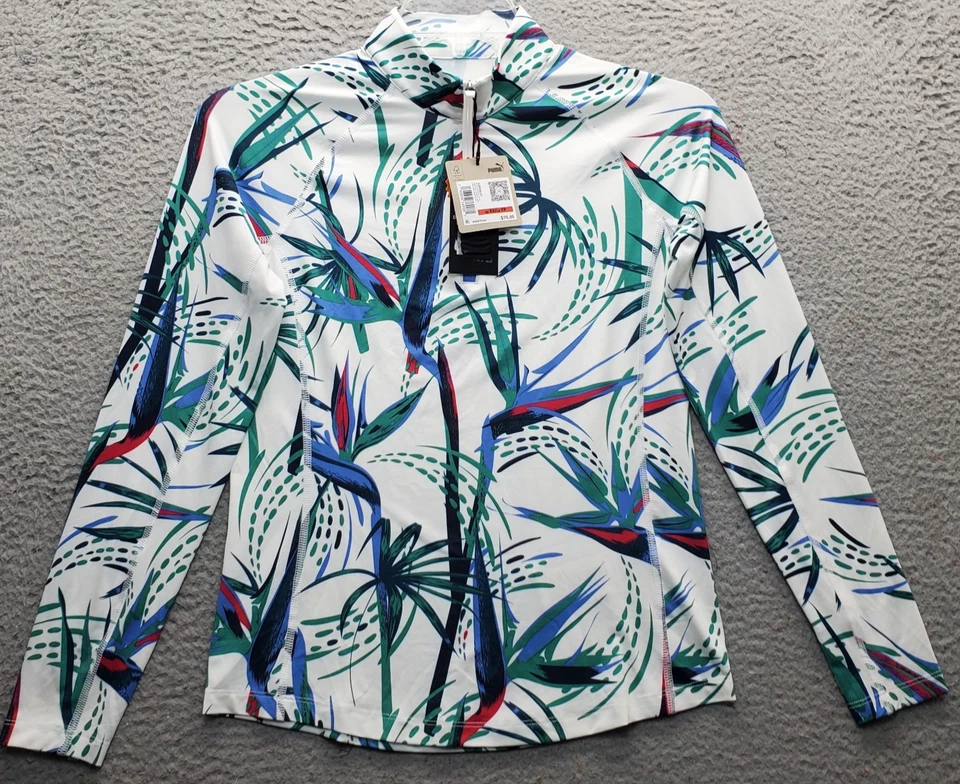 Camisa PUMA Activewear Mujer XS Estampado Multi Hojas Golf UPF 50+ Manga Larga 1/4 Cremallera Foto 1 de 4