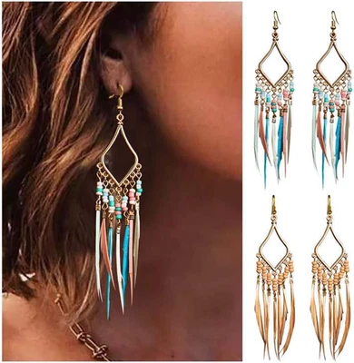 Bead Earrings Set Feather Tassel Gold Boho Ethnic Retro Bohemian Dangle Earring  - Image 1 of 4