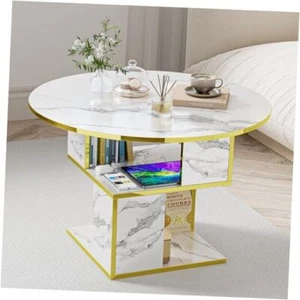 Coffee Table with Storage,3-Tier Coffee Table for Living Round Marble White - Picture 1 of 8