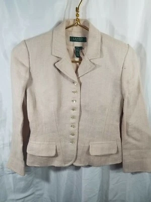 复古 RALPH LAUREN 绿色标签 3P 篮子编织 100% 亚麻西装外套夹克娇小 — 第 1/4 张图片