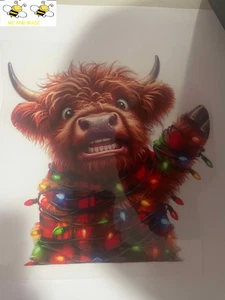 HIGHLAND COW WITH LIGHTS CHRISTMAS DESIGNS READY TO IRON ON TRANSFER (3C) - Picture 1 of 5