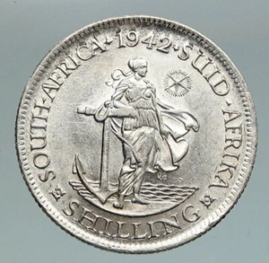 1942 SOUTH AFRICA Large GEORGE VI Anchor OD VINTAGE Silver Shilling Coin i91180 - Picture 1 of 3