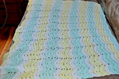 Vintage Afghan-Green/Yellow/White-Hand Crafted-52"x38" Baby Blanket Neutral - Image 1 of 2