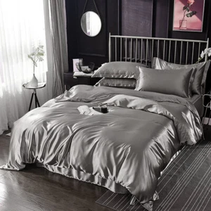 4 Piece Gray Satin Silky Sheets Fitted Flat Sheet Pillow Case Queen/King Size - Bild 1 von 16