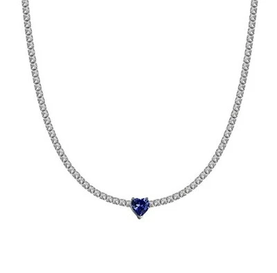Collana Choker tennis in argento 925 con zirconi incastonati e cuore blu - Immagine 1 di 2