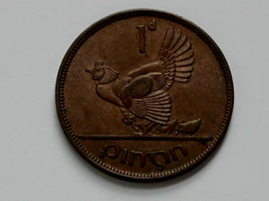 1946 IRELAND Coin - One Penny (1d) - AU lustrous-brown - chicken & baby chicks - Picture 1 of 2