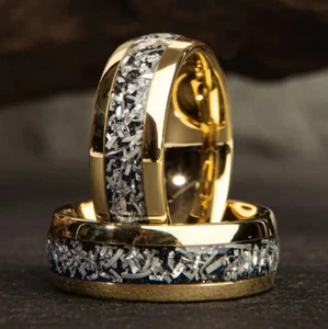 Men's 8mm Tungsten Carbide 18K Gold Plated Meteorite Inspired Inlay Wedding Band - Picture 1 of 6