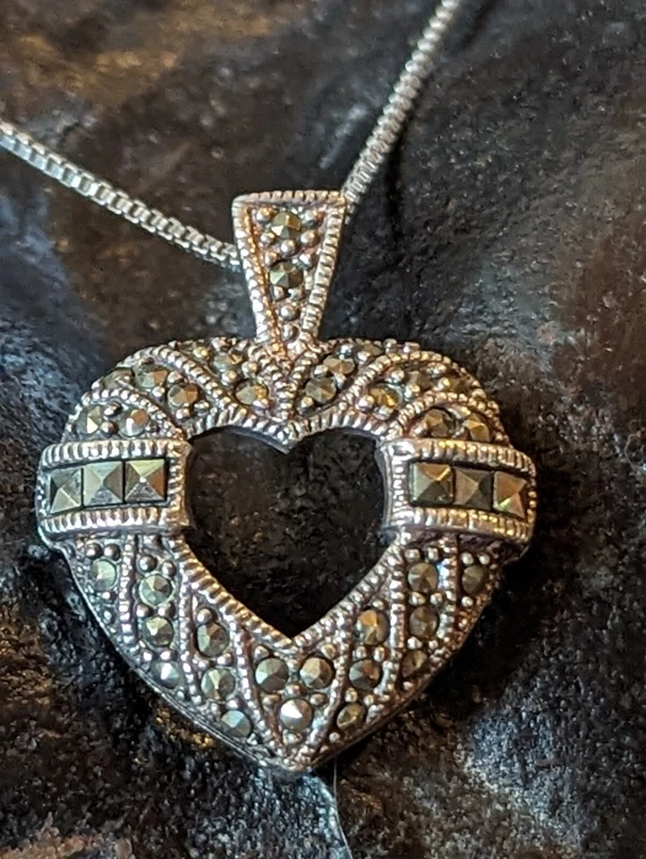 Collar de Plata de Ley Marcasita Hecho en Italia 18" Belleza en Forma de Corazón  Foto 1 de 4