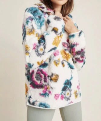 ANTHROPOLOGIE Rosemarie Hooded Sherpa Jacket Teddy Sweater Floral XL  Pockets - Image 1 of 4
