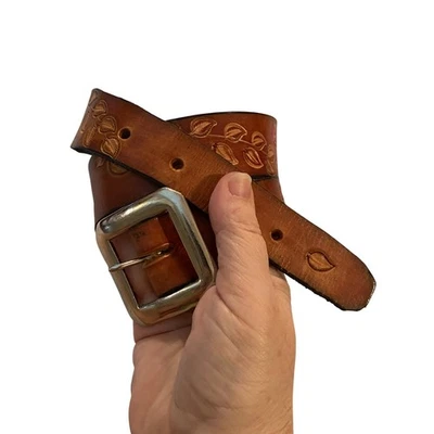 Vintage Hand Tooled Leather Belt Floral Leaf Design Silver Buckle 26–29 inches - Image 1 of 4