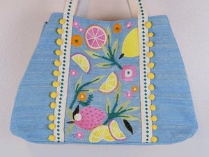 Beaded Citrus Embroidered Tote Bag Blue Gold Metallic Summer Fruit Purse Viral - Picture 1 of 16