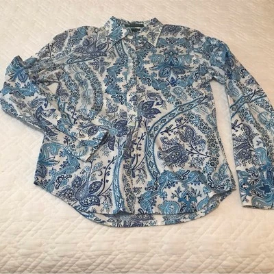 Lauren Ralph Lauren Blue White Floral Paisley Button Down Shirt Size PP - Image 1 of 4