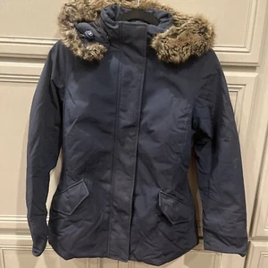 Barbour Winter Fur Trim Parka Jacket Blue Women's Size 6, UK 10 waterproof - Picture 1 of 16