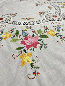 Vtg Tablecloth Floral Hand Embroidered Crochet Cross Stitch Oval 96.5” x 62.5” - Picture 1 of 21