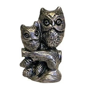 Vintage 1975 Pewter Owls on branch Miniature Figurine Handcrafted Signed R-B INC - Picture 1 of 5