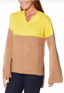 NEW G Giuliana V-Neck Colorblock Sweater Camel & Yellow PLUS SZ 1X - Picture 1 of 2