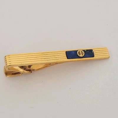 Dunhill Vintage Lapis Lazuli Striped Tie Clasp Clip Bar Gold Retro Vintage Logo - Image 1 of 4