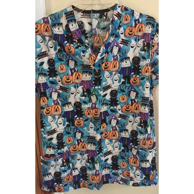 Unlabeled Halloween Scrub Small Short Sleeve Front Pockets Chest 19 Inches - Image 1 of 3