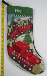 LANDS END Toy Train Wool Needlepoint Christmas Stocking Flawed HAY - Picture 1 of 4