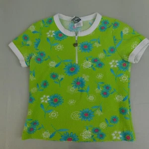 Vintage 90s Great Escape Flower Print 1/4 Zip Ringer Tee - 16, Lime Green #4629 - Picture 1 of 7