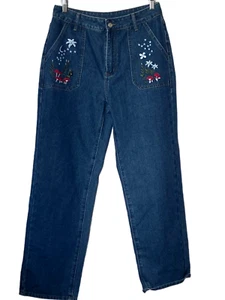 Romwe Mushroom Star & Crescent Moon Embroidered Pocket Hi-Waist Jeans Women's L - Picture 1 of 4