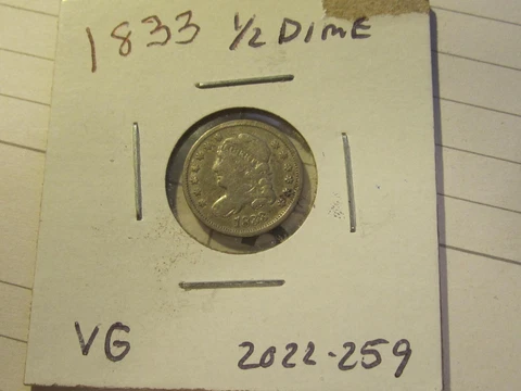 1833 Capped Bust 1/2 Dime    Very Good Cond     Full LIBERTY    Lot# 2022-259 Cover