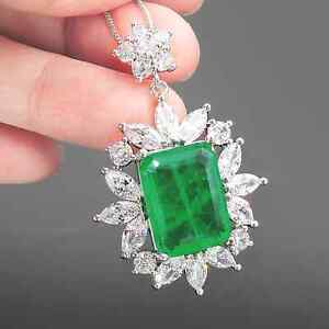 14K White Gold Over Lab-Created Emerald, Diamond Pendant with 18" Chain Necklace
