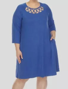 White Mark Women's Blue Crisscross Round Neck 3/4 Sleeve Dress Plus Size 2XL - Picture 1 of 2