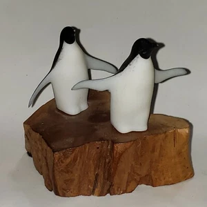 John Perry Art Sculpture Pair 2 Penguins On Wood Signed Art Sculpture - Picture 1 of 12