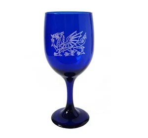 Welsh Dragon Etched Cobalt Blue Wine Glass, Free Engraved Personalization - Picture 1 of 4