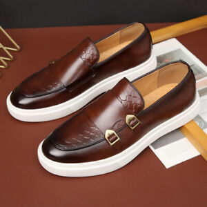Chic Double Monk Leather Monk Brown Sneakers Shoes Men’s Plus Size Loafers