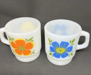 Vintage Anchor Hocking Fire King Stackable Mugs with Flowers Set Of 2 - Picture 1 of 7