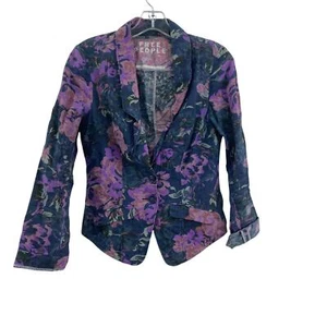 Free People Purple & Blue Floral Jacquard Women's Linen Blazer Size 0 - Preowned - Picture 1 of 5