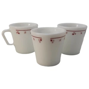 Vintage Pyrex Coffee Cups 1410 Burgundy Ring & Flowers Milk Glass Mugs Set of 3 - Picture 1 of 7