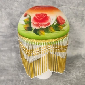 VTG Boudoir Reverse Painted Glass Lamp SHADE ONLY Beaded Fringe Roses Flowers - Picture 1 of 9