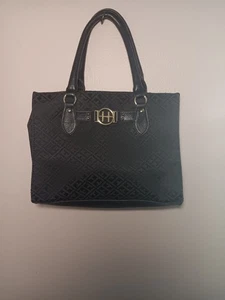 Tommy Hilfiger Black Handbag Purse TH Print Gold Hardware #77806 EUC Fast Ship! - Picture 1 of 24