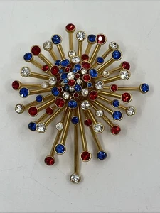 Joan Rivers goldfarbene rot weiß blau funkelnde Strass Starburst Brosche Anstecknadel - Bild 1 von 7