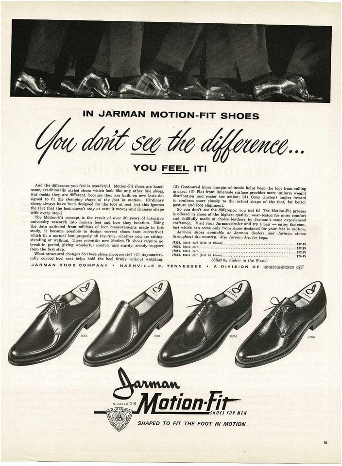1963 JARMAN Motion Fit sapatos sociais masculinos estampa vintage anúncio - Imagem 1 de 1