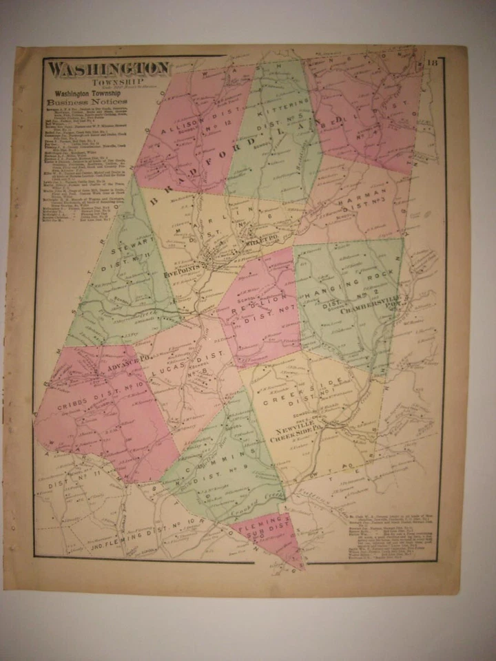 ANTIGUO MAPA DE PENNSYLVANIA DEL CONDADO DE INDIANA CREEKSIDE 1871 DEL MUNICIPIO DE WASHINGTON RARO Foto 1 de 1