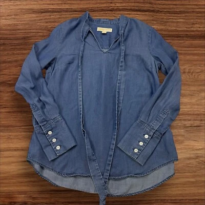 Michael Kors Chambray Blouse Tie Neck Long Sleeve Button Cuff Top Small - Image 1 of 4