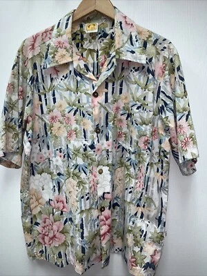 Vtg 1970s HANG TEN Hawaiian Shirt COCONUT BUTTONS Mens XL Floral Bamboo Feet - Image 1 of 4