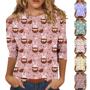 Women's Fashion Casual Seven Sleeve Easter Bunny Egg Print Round Neck Top - Picture 1 of 30