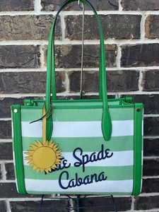 NWT $228 Kate Spade Market Cabana Canvas Medium Tote GREEN MULTI yellow white - Picture 1 of 9